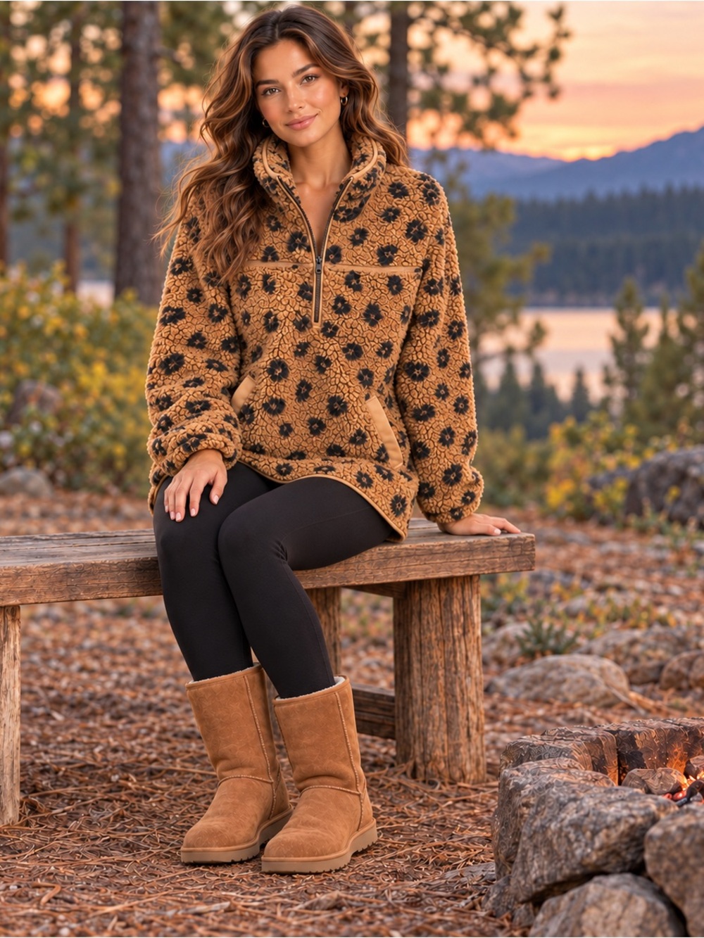 Abercrombie & Fitch Leopard Sherpa Half Zip Fleece Pullover XS Tan Black